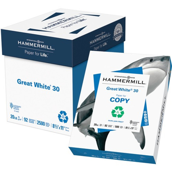 Hammermill Great White Laser, Inkjet Copy & Multipurpose Paper - White - 92 Brightness - Letter - 20 lb Basis Weight - 5 / Carton