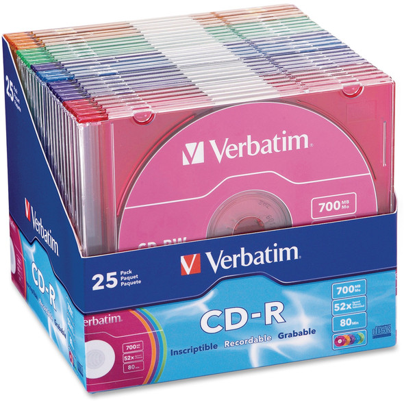 Verbatim CD-R 700MB 52X with Color Branded Surface - 25pk Slim Case, Assorted VER94611