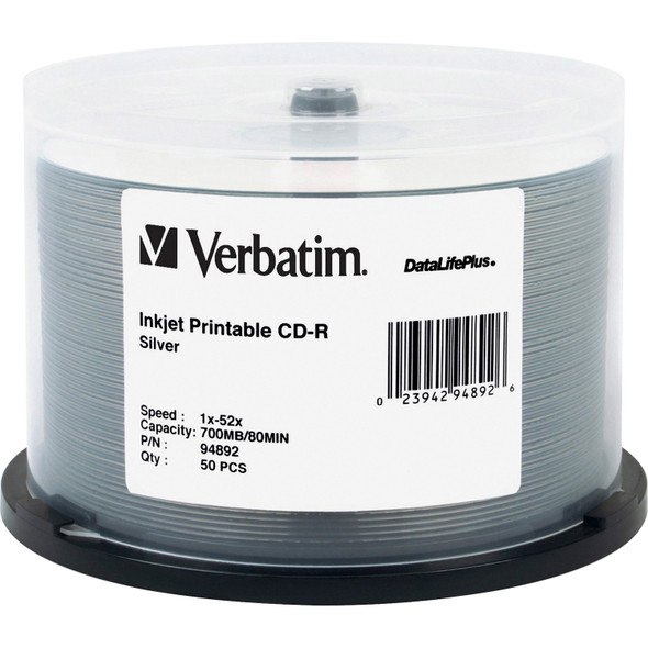 Verbatim CD-R 700MB 52X DataLifePlus Silver Inkjet Printable - 50pk Spindle VER94892