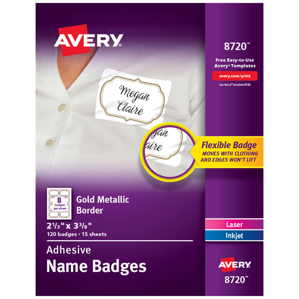 Avery&reg; Self-Adhesive Removable Name Tag Labels with Gold Metallic Border AVE8720
