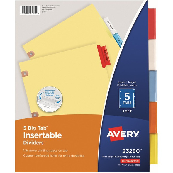 Avery&reg; Big Tab Insertable Dividers, Buff Paper, 5 Multicolor Tabs AVE23280