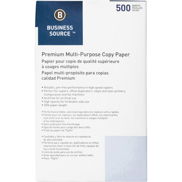 Business Source Premium Multipurpose Copy Paper - 92 Brightness - Legal - 8 1/2" x 14" - 20 lb Basis Weight - 5000 / Carton BSN36593