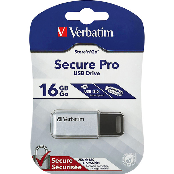 Verbatim 16GB Store 'n' Go Secure Pro USB 3.0 Flash Drive with AES 256 Hardware Encryption - Silver VER98664