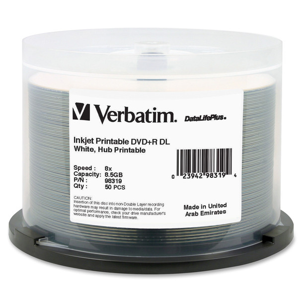 Verbatim DVD+R DL 8.5GB 8X DataLifePlus White InkJet Printable, Hub Printable - 50pk Spindle VER98319