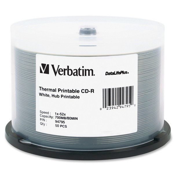 Verbatim CD-R 700MB 52X DataLifePlus White Thermal Printable, Hub Printable - 50pk Spindle VER94795