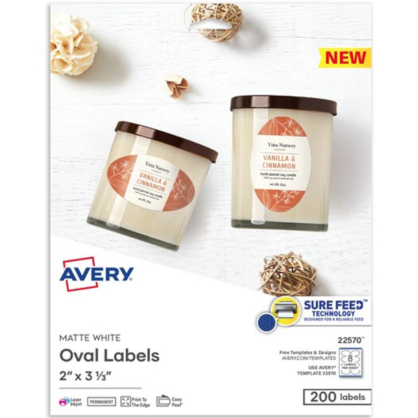 Avery&reg; Printable Blank Oval Labels, 22570, 3-5/16&rdquo;W x 3&rdquo;D, White, Pack Of 200 Labels AVE22570