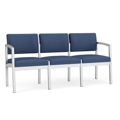 Lesro Lenox Steel Three Seat Sofa, Silvertex Sapphire Back Upholstery, Silvertex Sapphire Seat Upholstery, Silver Frame Finish, 3/4 View