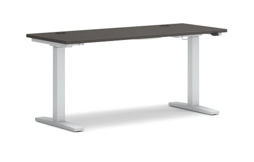 HON Coordinate, Sit Stand Height Adjustable Base, 2-Stage, Silver, MOD Top, Slate Teak Finish, Black Grommets, 60" x 24", 3/4 View