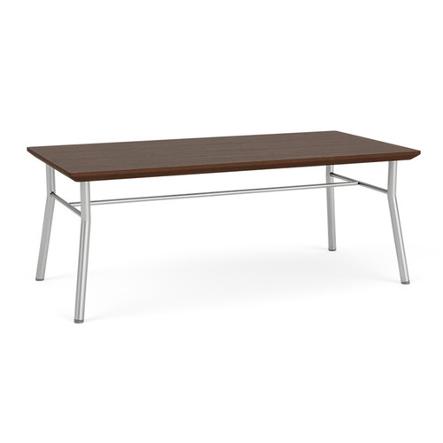 Lesro Mystic Coffee Table, Riftwood Walnut Top, Silver Legs, 3/4 Front View
