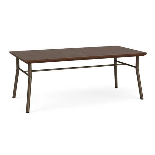 Lesro Mystic Coffee Table, Riftwood Walnut Top, Bronze Legs, 3/4 Front View