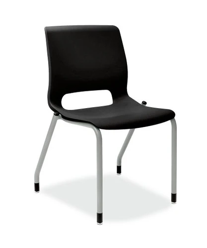 HON Motivate, Stacking Chair, Armless, Onyx Shell, Platinum Frame, Glides, 3/4 Front View