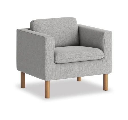 HON Parkwyn Club Chair, Gray Fabric Upholstery, Medium Oak Wood Legs, 3/4 Front View