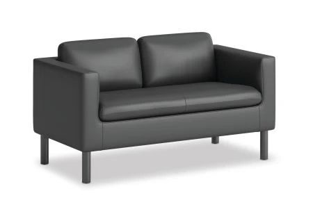 HON Parkwyn, Two Seat Love Seat, Lounge Chair, Black Polyurethane Upholstery, Black Metal Legs, 3/4 Front View