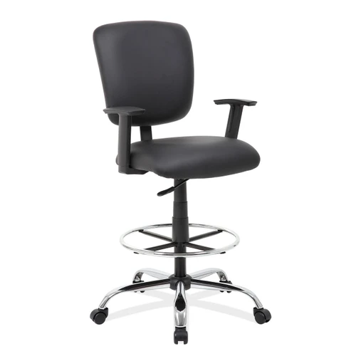 OfficeSource, Task Force, Task Stool with Footring and Chrome Base, Black Antimicrobial Vinyl Upholstered Seat and Back