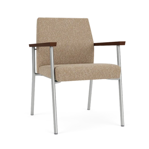 Lesro Mystic Guest Chair, Connelly Wren Upholstery, Silver Frame Finish, Walnut Armcaps, 3/4 Front View