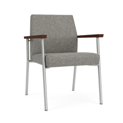 Lesro Mystic Guest Chair, Connelly Dove Upholstery, Silver Frame Finish, Walnut Armcaps, 3/4 Front View