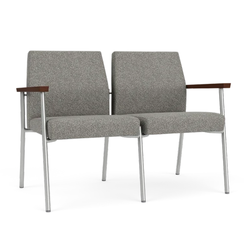 Lesro Mystic Two Seat Sofa, Connelly Dove Upholstery, Silver Frame Finish, Walnut Armcaps, 3/4 Front View