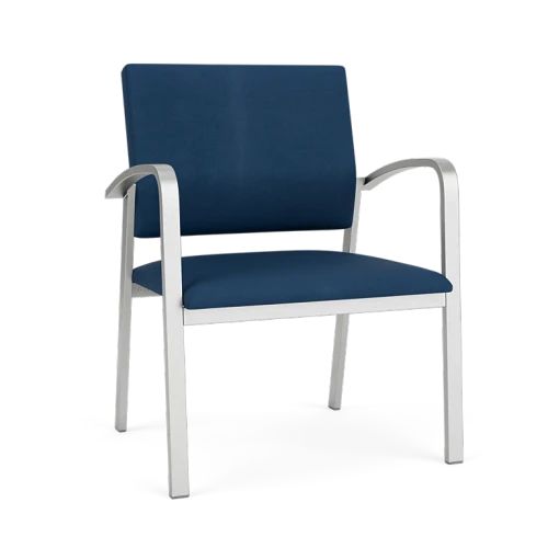 Lesro Newport Oversize Guest Chair, Patriot-Plus Blue-Ridge Upholstery, Silver Frame Finish, 3/4 Front View