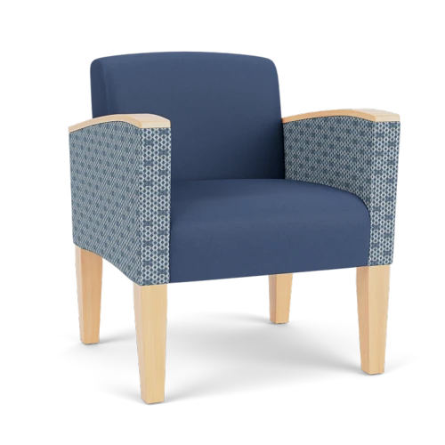 Lesro Belmont Guest Chair, Silvertex Sapphire Seat and Back, Rise Rain-Song Arm Panels, Natural Finish, 3/4 Front View