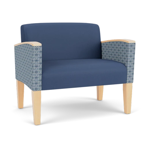 Lesro Belmont Bariatric Chair, Silvertex Sapphire Seat and Back, Rise Rain-Song Arm Panels, Natural Finish, 3/4 Front View