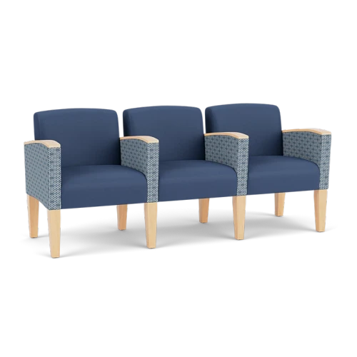 Lesro Belmont Three Seat Sofa, Silvertex Sapphire Seats and Back, Rise Rain-Song Arm Panels, Natural Finish, 3/4 Front View