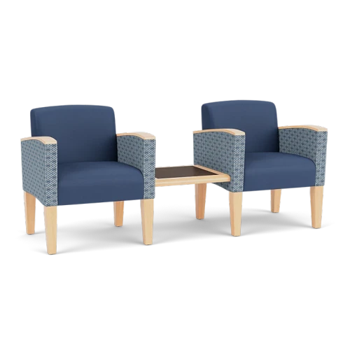 Lesro Belmont Two Chairs with Center Table, Silvertex Sapphire Seats and Back, Rise Rain-Song Arm Panels, Natural Finish, 3/4 Front View