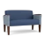 Lesro Belmont Loveseat, Silvertex Sapphire Seat and Back, Rise Rain-Song Arm Panels, Walnut Finish, 3/4 Front View