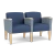 Lesro Belmont Two Seat Sofa, Silvertex Sapphire Seats and Back, Rise Rain-Song Arm Panels, Natural Finish, 3/4 Front View