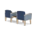 Lesro Belmont Two Chairs with Center Table, Silvertex Sapphire Seats and Back, Rise Rain-Song Arm Panels, Natural Finish, 3/4 Rear View