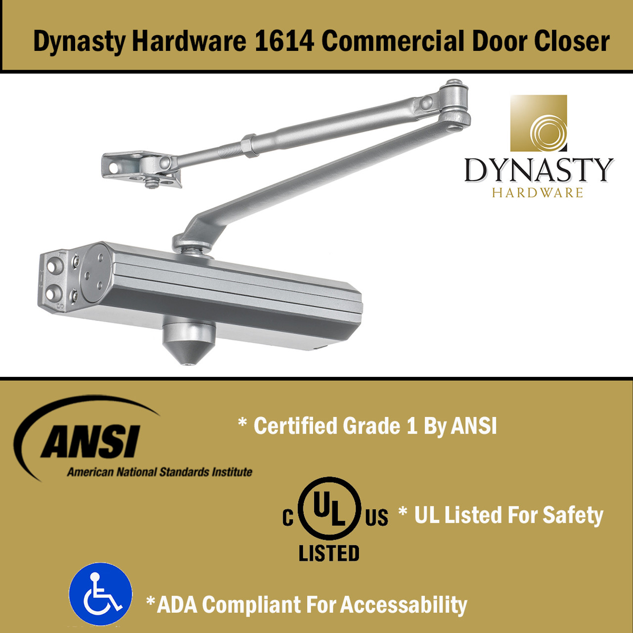 Dynasty Hardware 1614-ALUM Grade 1 Door Closer, Size 1-4, ADA Compliant Aluminum