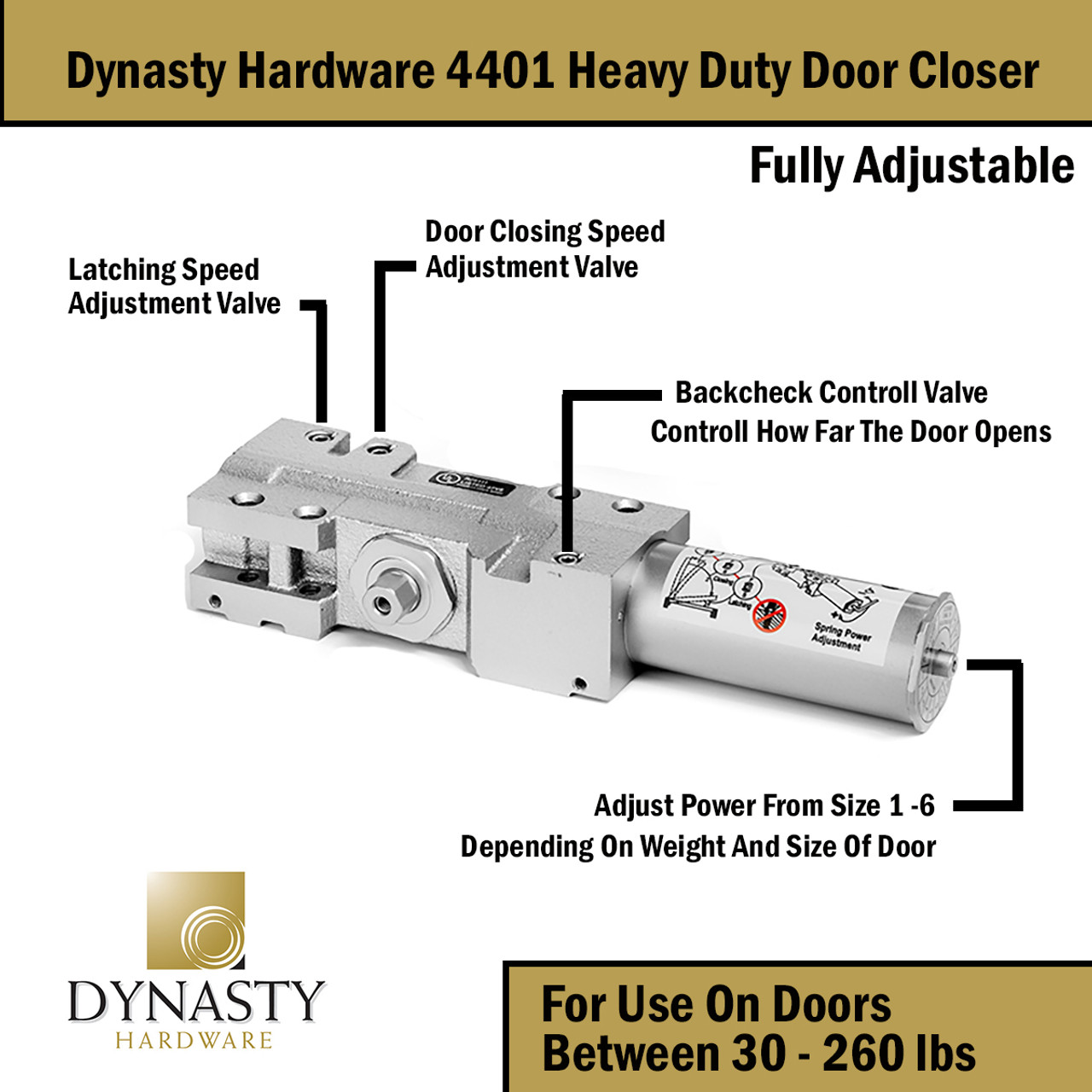 Dynasty Hardware 4401-ALUM Heavy Duty Commercial Door Closer, Aluminum