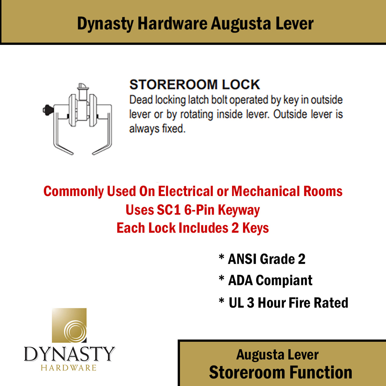 Dynasty Hardware AUG-05-26D Grade 2 Commercial Duty Storeroom Function  Keyed Lever Lockset, ADA, Satin Chrome Finish