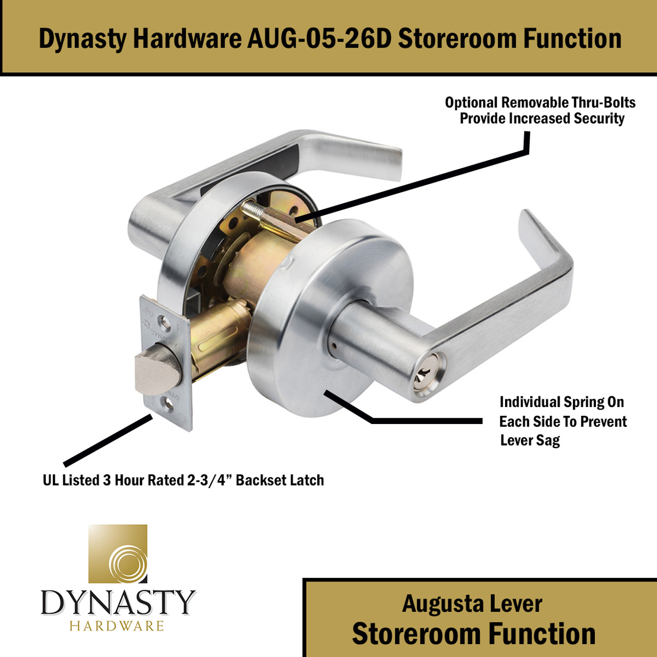 Dynasty Hardware AUG-05-26D Grade 2 Commercial Duty Storeroom Function  Keyed Lever Lockset, ADA, Satin Chrome Finish