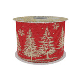 Red Mesh Ribbon with Gold Xmas Tree Print (63mm x 10yd) Red Mesh Ribbon with Gold Xmas Tree Print (63mm x 10yd)