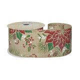 Natural Wired Ribbon with Red and White Poinsettia (63mm x 10 yards) Natural Wired Ribbon with Red and White Poinsettia (63mm x 10 yards)