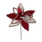 Red & White Striped Edge Fabric Poinsettia Pick (30cm)