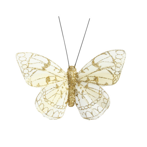 8cm Cream/Gold Feather & Glitter Butterfly (Pack of 12) 8cm Cream/Gold Feather & Glitter Butterfly (Pack of 12)