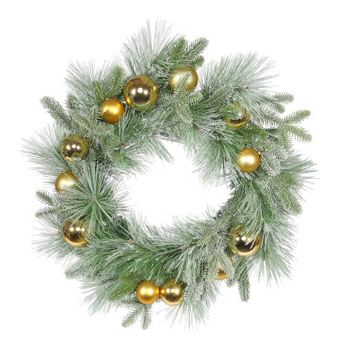 Snowy Mixed Foliage Gold Bauble Wreath (60cm)