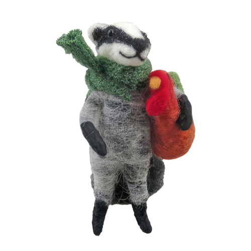 Felt Badger Holding a Turkey Hanging Decoration (11cm)