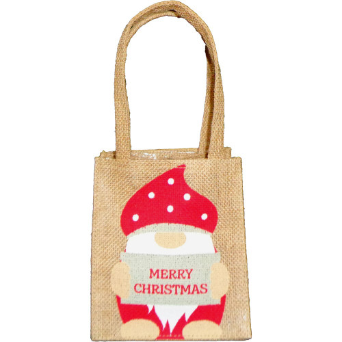 Jute Plant Bag - Natural Red Merry Christmas Gnome Gonk