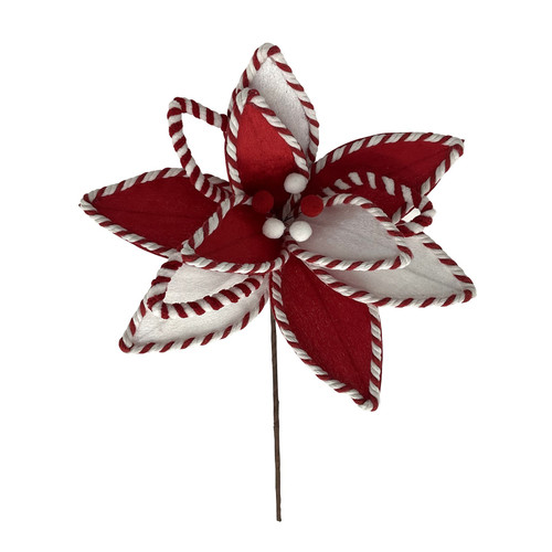 Red & White Striped Edge Fabric Poinsettia Pick (30cm)
