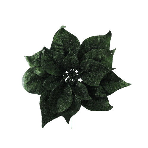 Dark Green Sparkle Poinsettia Pick (24cm) Dark Green Sparkle Poinsettia Pick (24cm)