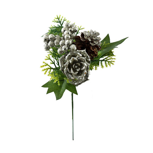 Silver Glitter Berry & Cone Pick (18cm)