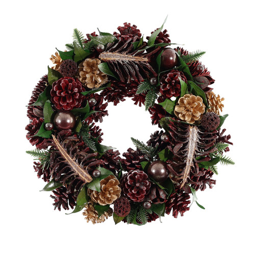 Burgundy Wreath with Cones & Baubles (36cm) Burgundy Wreath with Cones & Baubles (36cm)