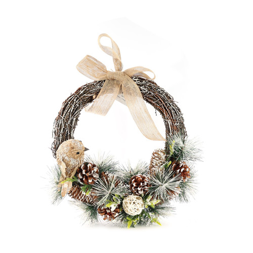 Natural Snowy Half Wreath with Birds & Cones (37cm) Natural Snowy Half Wreath with Birds & Cones (37cm)