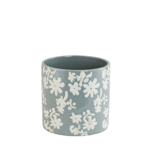 Blue Glazed Ceramic Pot with White Floral Pattern