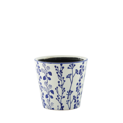 Hortus White & Blue Perth Floral Pot (12cm H x 13cm Dia)