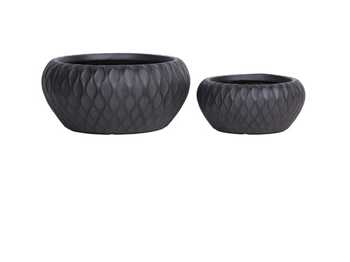 Set of 2 Hortus Indoor Embossed Diamond Black Low Bowl Planters