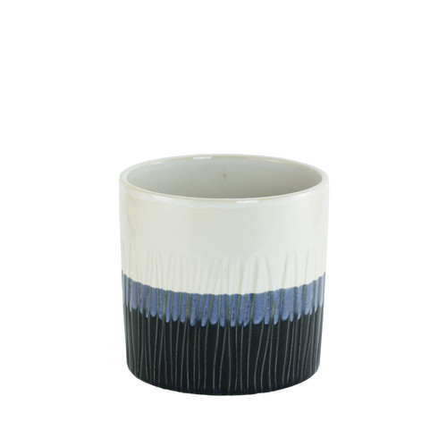 White & Blue Striped Ceramic Pot