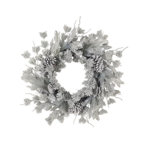 White & Silver Snowy Conifer & Pine Cone Flocked Twig Wreath (60cm)